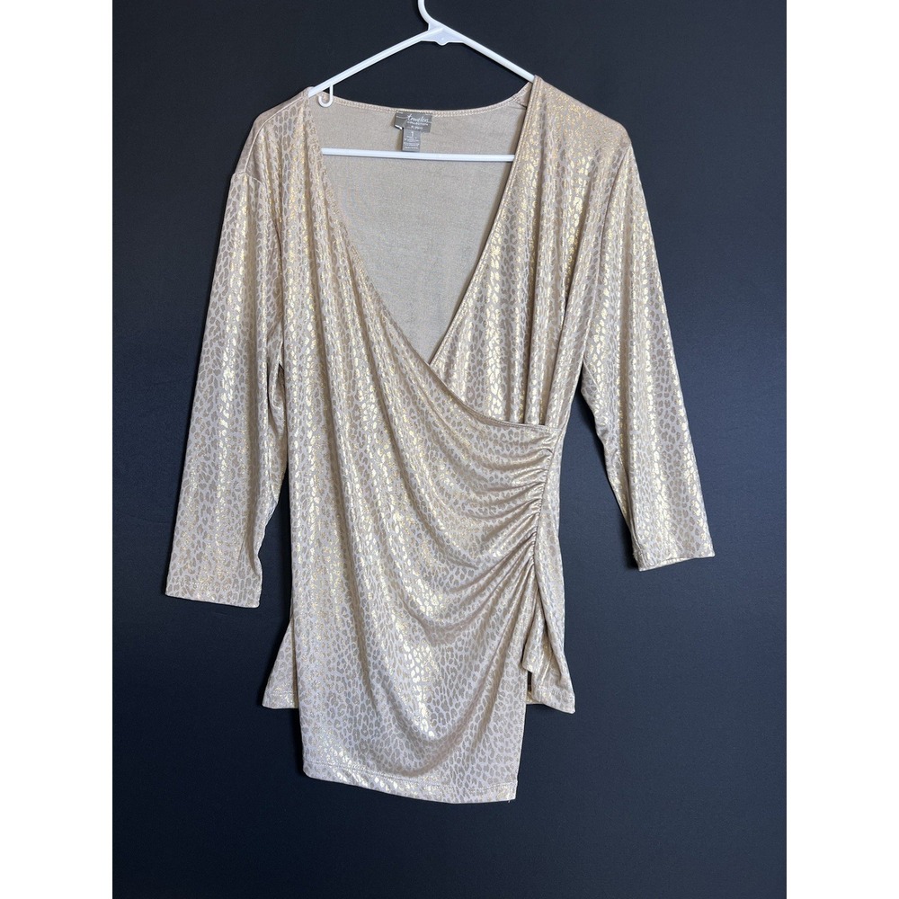 Chicos Travelers Faux Wrap Blouse Size‎ 1 Gold Beige 3/4 Sleeves Stretch